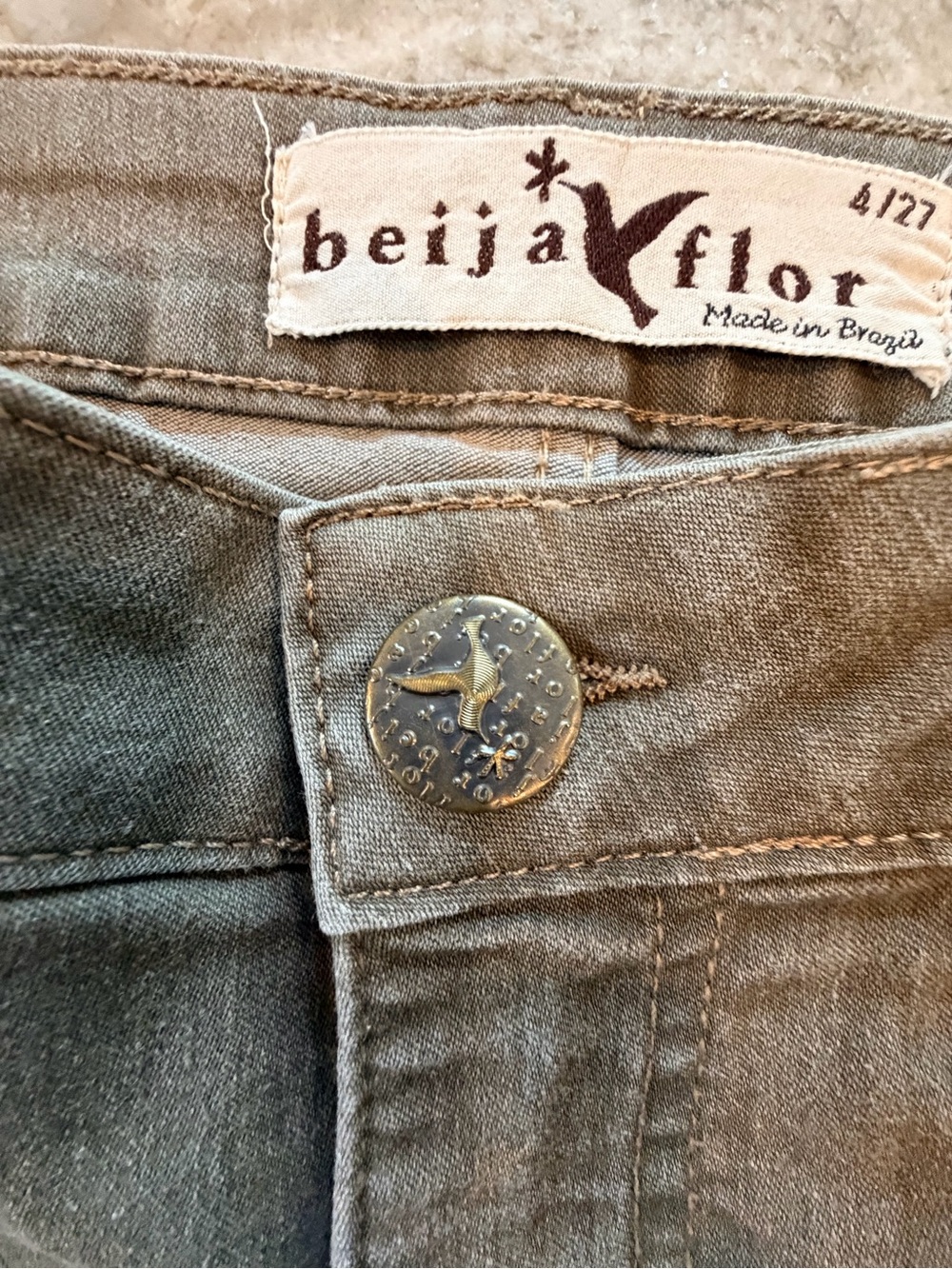 Beija Flor Olive Stretch Jeans Size 4 Slim Straight Brazilian Denim - Picture 3 of 12
